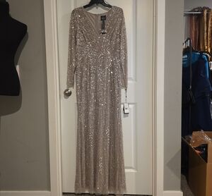 Adrianna Papell Champagne Sequin Long Sleeve Gown